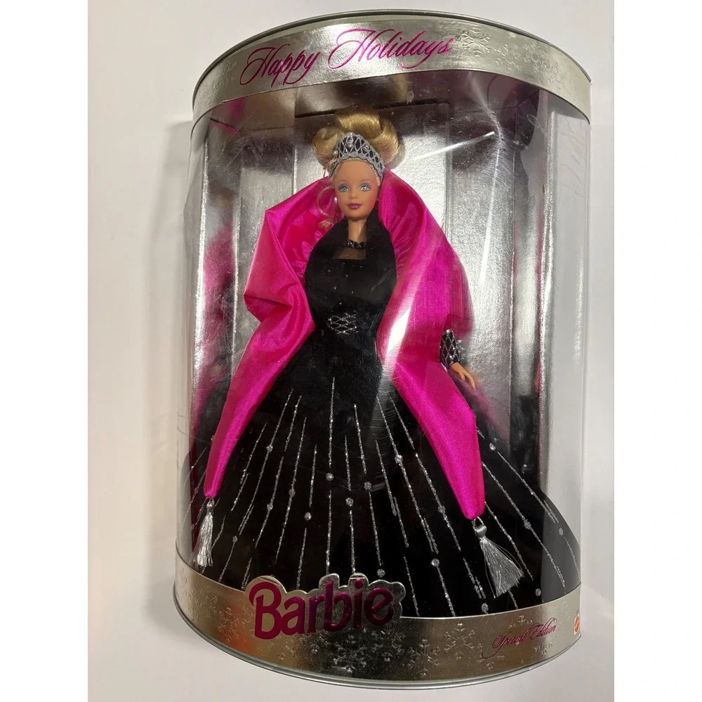 Happy Holidays Barbie Doll Special Edition 1998 Black Gown Pink Wrap Sparkle - Picture 2 of 13